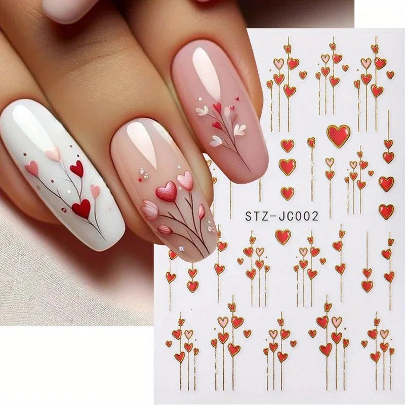 Pixor 1pcs 3D Valentine'S Day Heart & Golden Stripe Nail Stickers - Romantic Red & Pink Adhesive Nail Art Decals with Heart Lines
