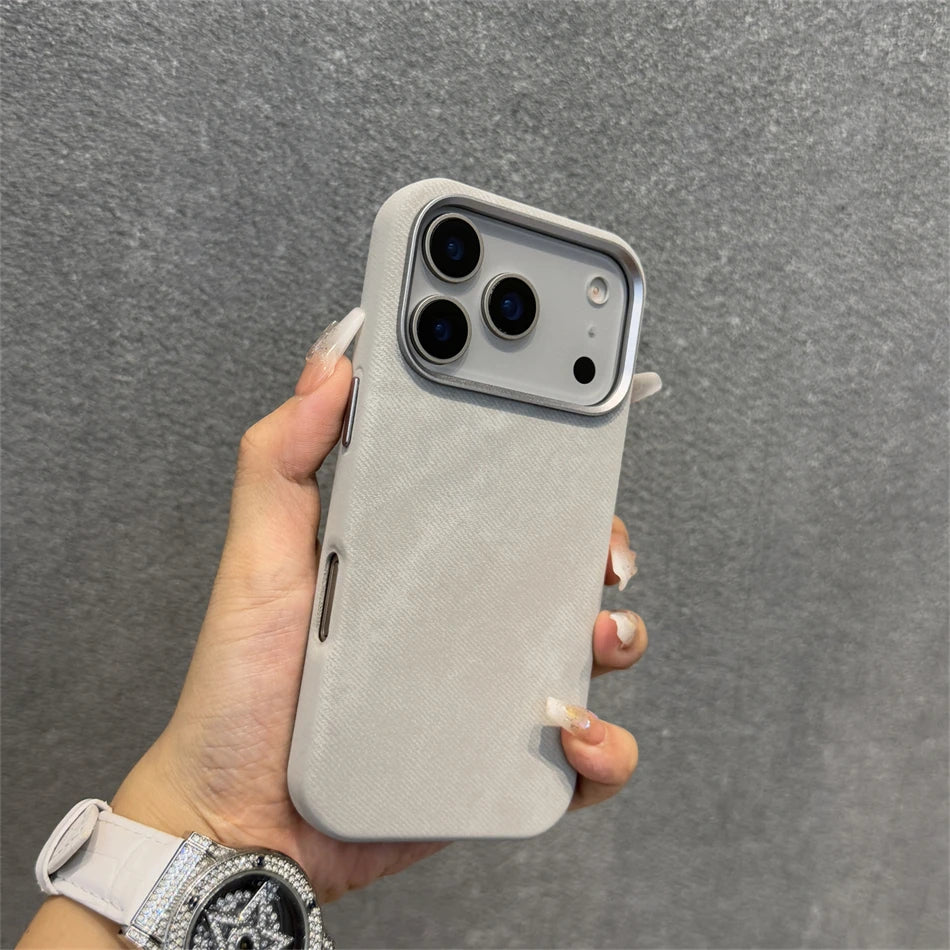 Pixor Luxury Alloy Len Frame Fiber Leather Magnetic Case For iPhone 17 16 Pro Max 15 14 13 12 For Magsafe