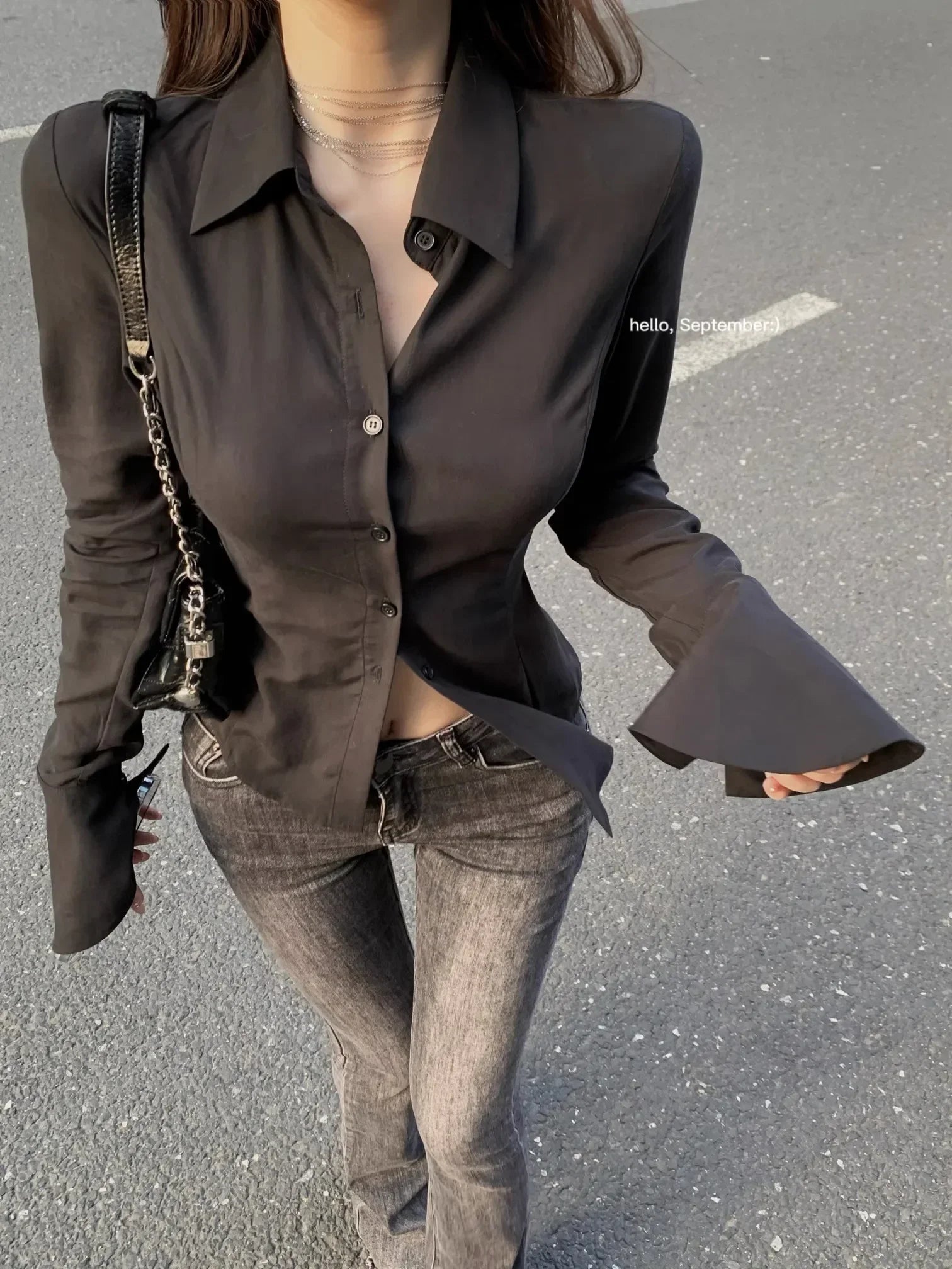 Women Sexy Solid Color Slim Chiffon Shirt Turn-down Collar Flare Sleeve