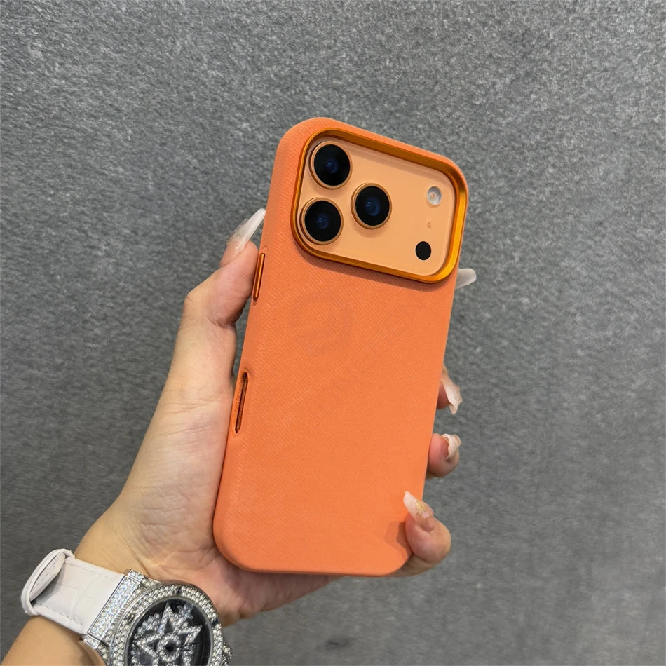 Pixor Luxury Alloy Len Frame Fiber Leather Magnetic Case For iPhone 17 16 Pro Max 15 14 13 12 For Magsafe