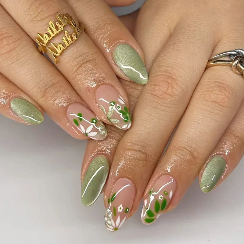 Pixor 24Pcs Green Cat's Eye Design Press on False Nails with Flower Pattern Short Almond Round Head Nails Set Tips