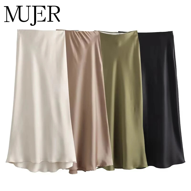 Pixor Satin Skirt Women High Waist Long Skirts