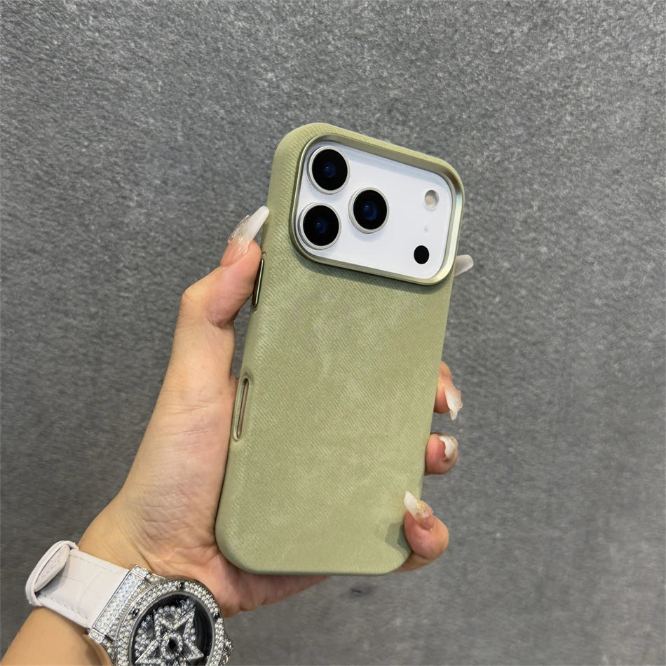 Pixor Luxury Alloy Len Frame Fiber Leather Magnetic Case For iPhone 17 16 Pro Max 15 14 13 12 For Magsafe