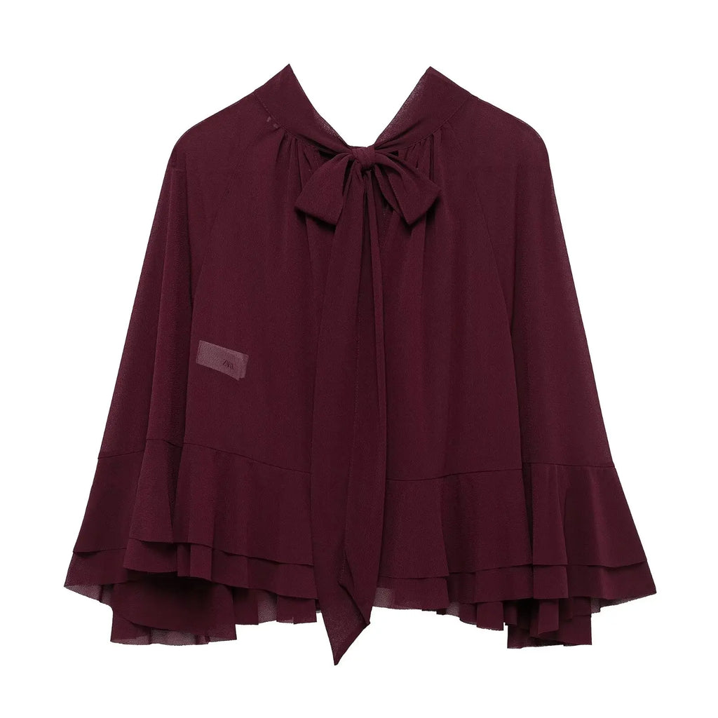 Zevity 2025 Women Fashion Stand Collar Pleat Ruffles Loose Cloak Blouse