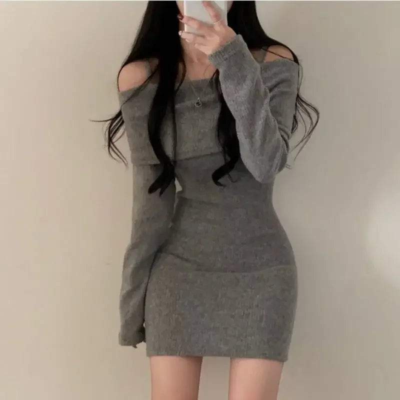 Pixor Korean Chic Knitted Dress Collar Flip Rope Texture Short Skirt Bodycon Style