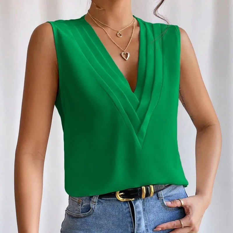 Pixor Lady Sleeveless Orange Blouse 2024 Summer Multi Layered V-neck Solid Tank Top