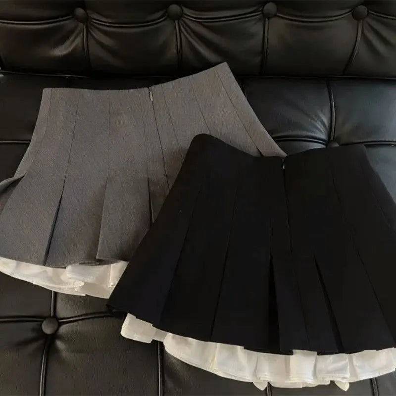 Pixor Mooyufon Ruffles Black Mini Skirt Women Korean Patchwork Pleated Skirts