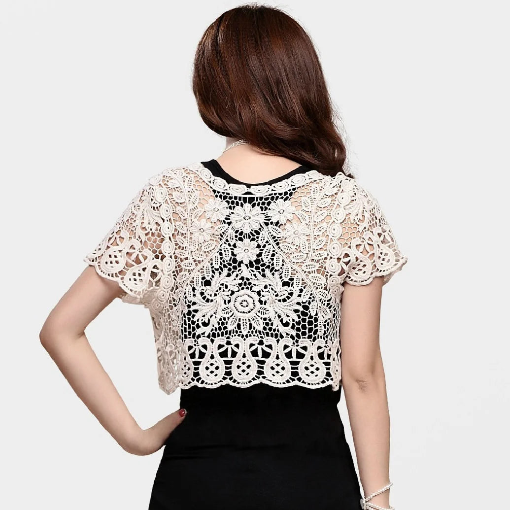 Pixor Women Short Sleeve Crochet Shrugs Hollow Out Flower Lace