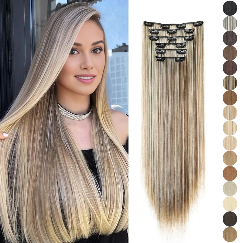 Pixor Synthetic 24Inch 16 Clips in Hair Extensions Long Straight Hairstyle Blonde Black Hairpieces