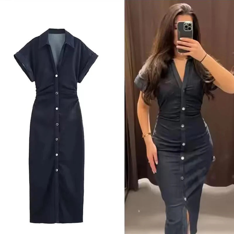 Pixor Denim Dress Women's Spring Summer Casual Long Dresses For Women 2025