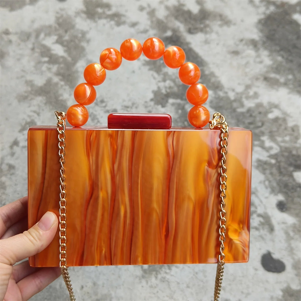 Pixor Bright Orange Marble Acrylic Box Evening Clutch Bags Women