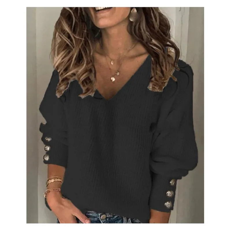 Pixor New Women's Loose Long Sleeve T-shirt Solid Color V-neck Knitted Top