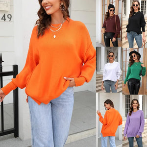 Pixor O-neck Crochet Kintted Sweater Women Loose Orange Y2k Top Long Sleeve Pullovers