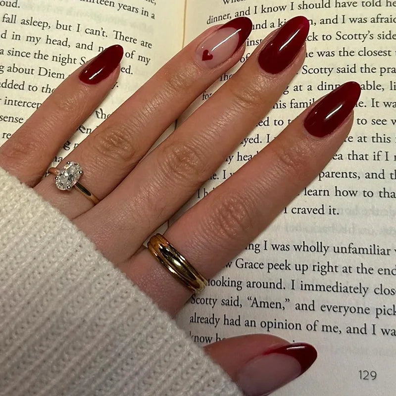 Pixor 24Pcs Glitter Gradient Love Fake Nails Short Almond French Design Valentine Day Party Pink Press on Nails