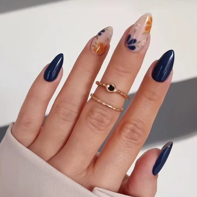 Pixor 24Pcs Green Cat's Eye Design Press on False Nails with Flower Pattern Short Almond Round Head Nails Set Tips