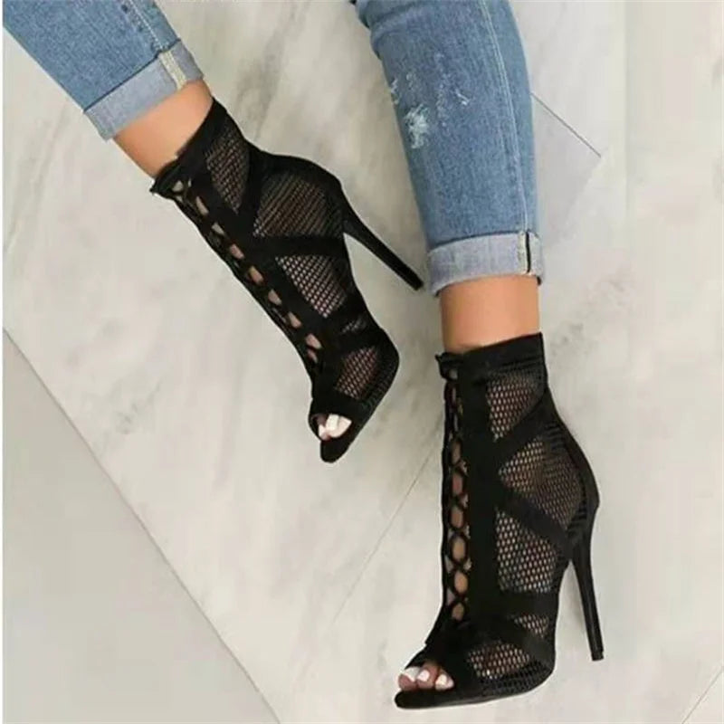 Pixor New Fashion Show Black Net Fabric Cross Strap Sexy High Heel Sandals Woman