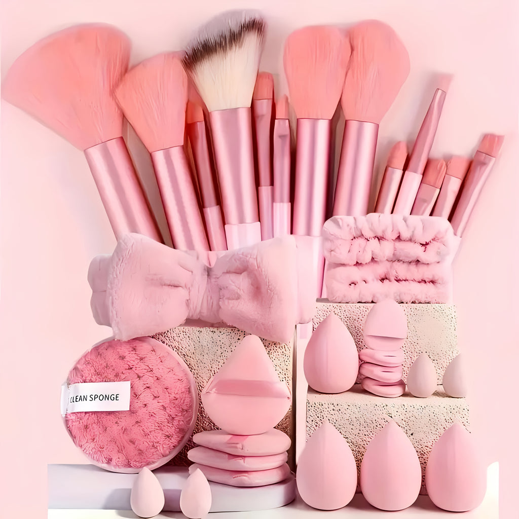 Pixor 33pcs Makeup Brush Set with Soft Nylon Bristles, Beauty Blenders, Puffs & More